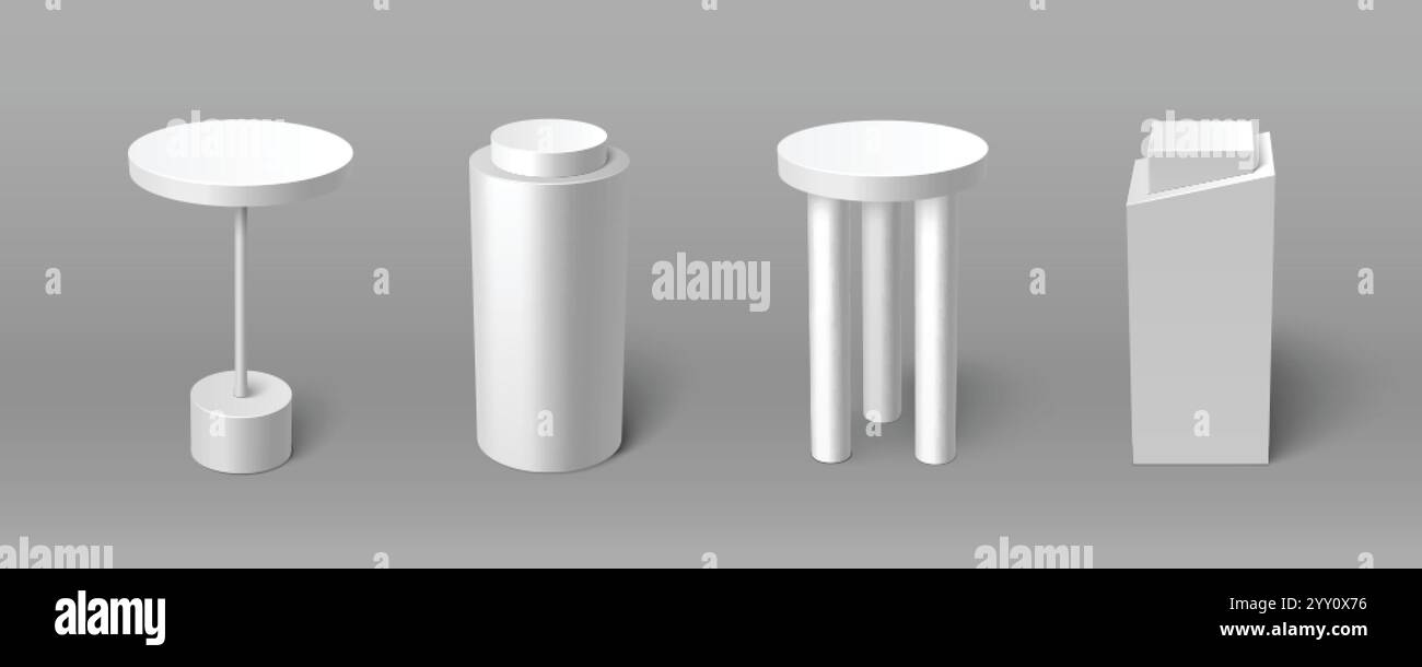 White pillar display pedestals in different geometric shape. Realistic ...