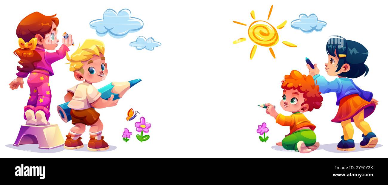 Playful cartoon kids drawing with crayon together on wall. Cute happy ...