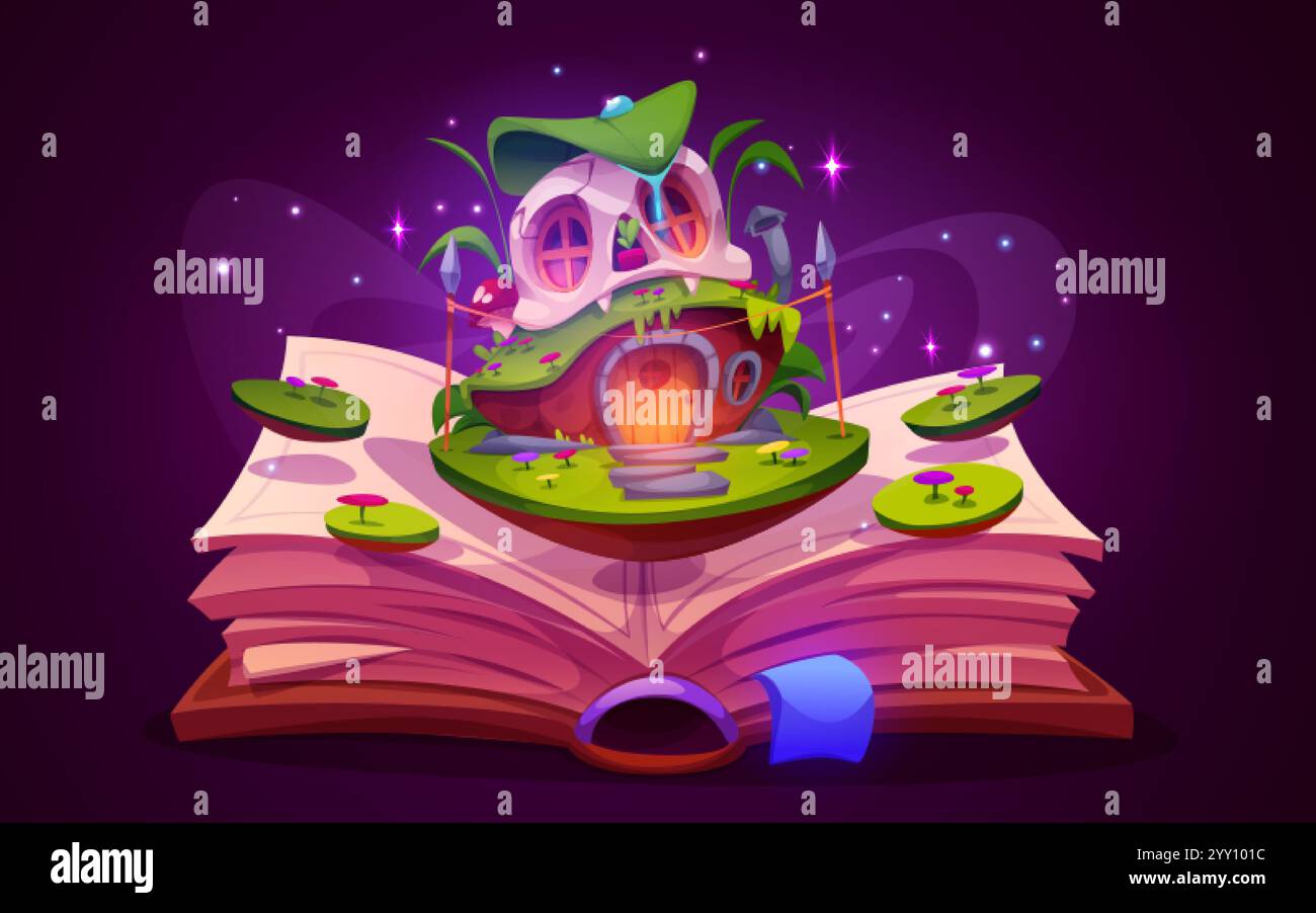 Magical open tale book with enchanted elf or animal dwelling emerging ...
