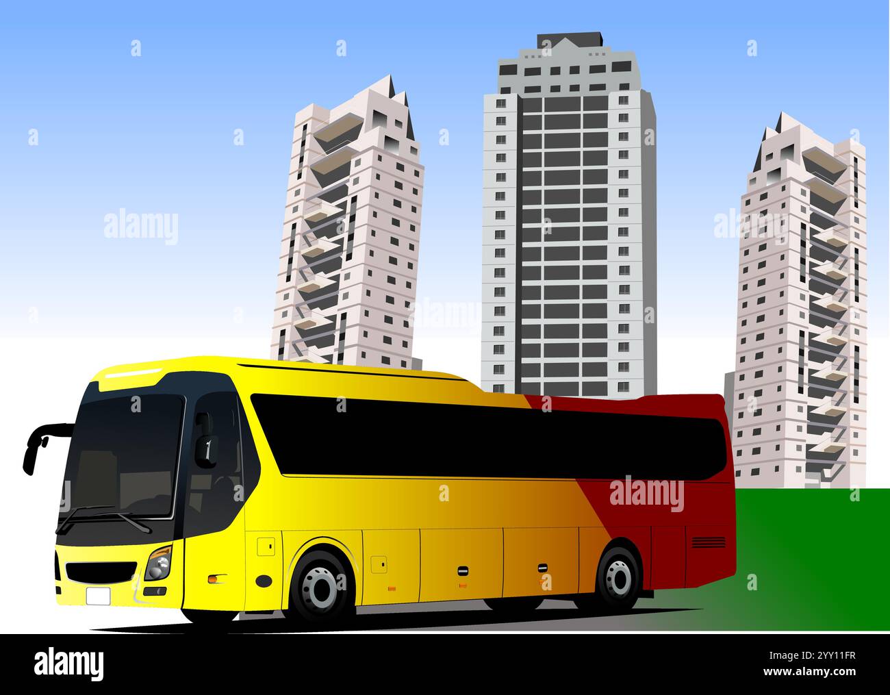 Red-yellow city bus on dormitory background. Coach. Vector 3d ...
