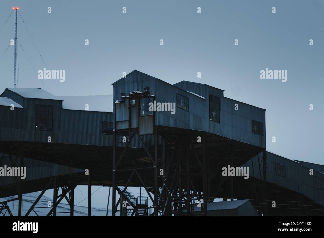 Building of an old coal mine in the snowy arctic winter, Longyearbyen ...