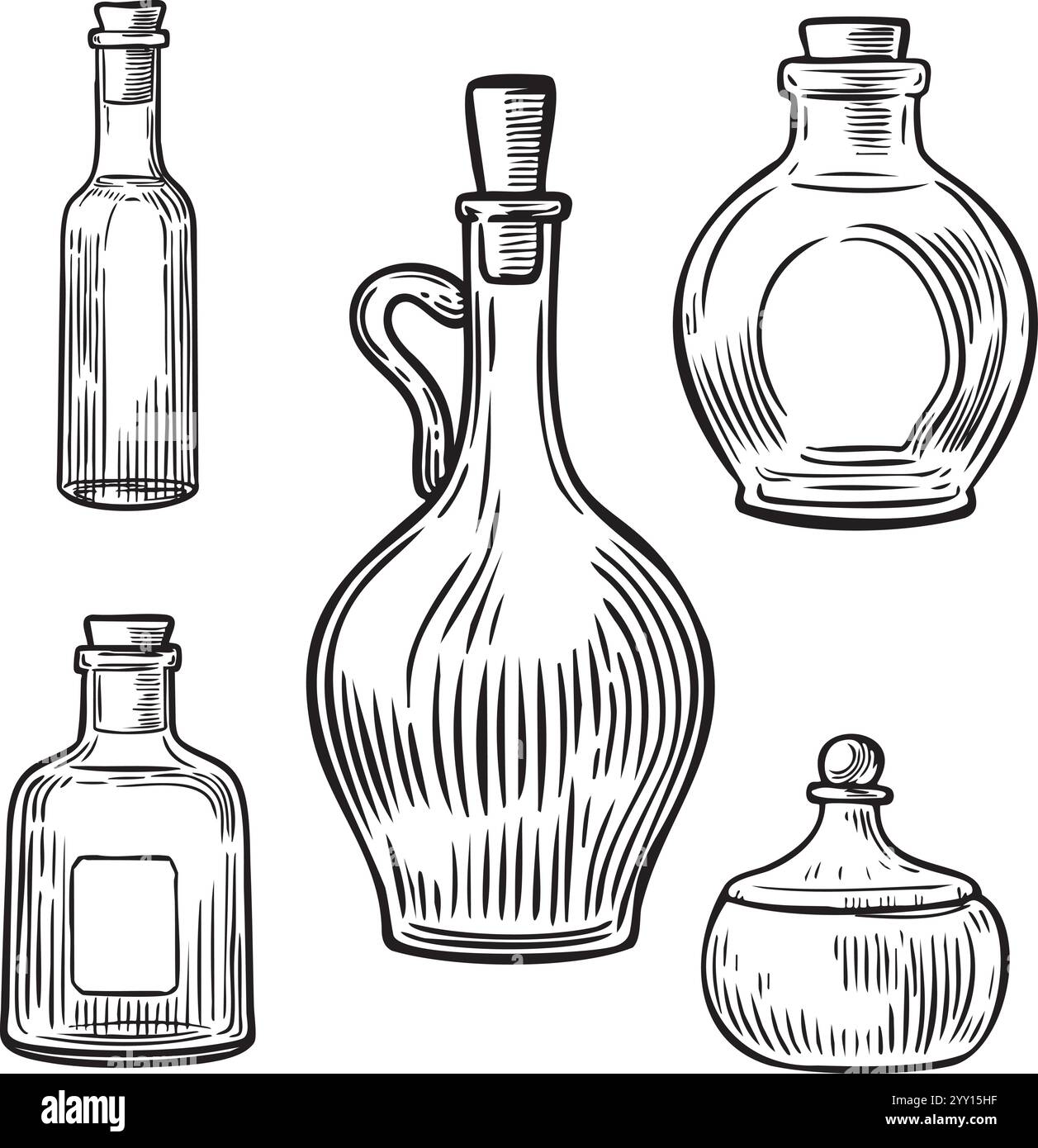 Vintage bottles for oil and alcohol line drawing vector illustration ...