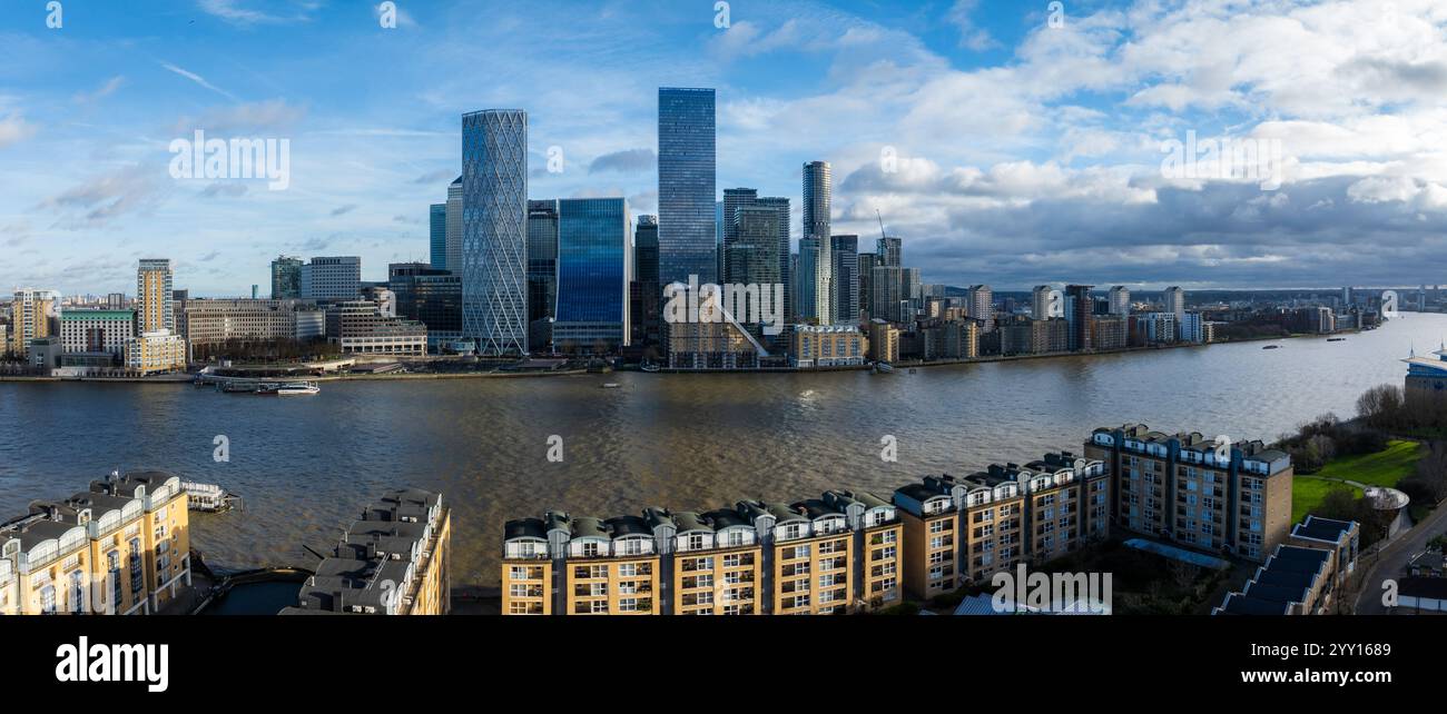 Aerial View of Canary Wharf Skyscrapers and River Thames in London ...