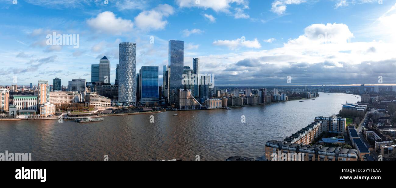 Aerial View of Canary Wharf's Modern Skyscrapers and River Thames Stock ...