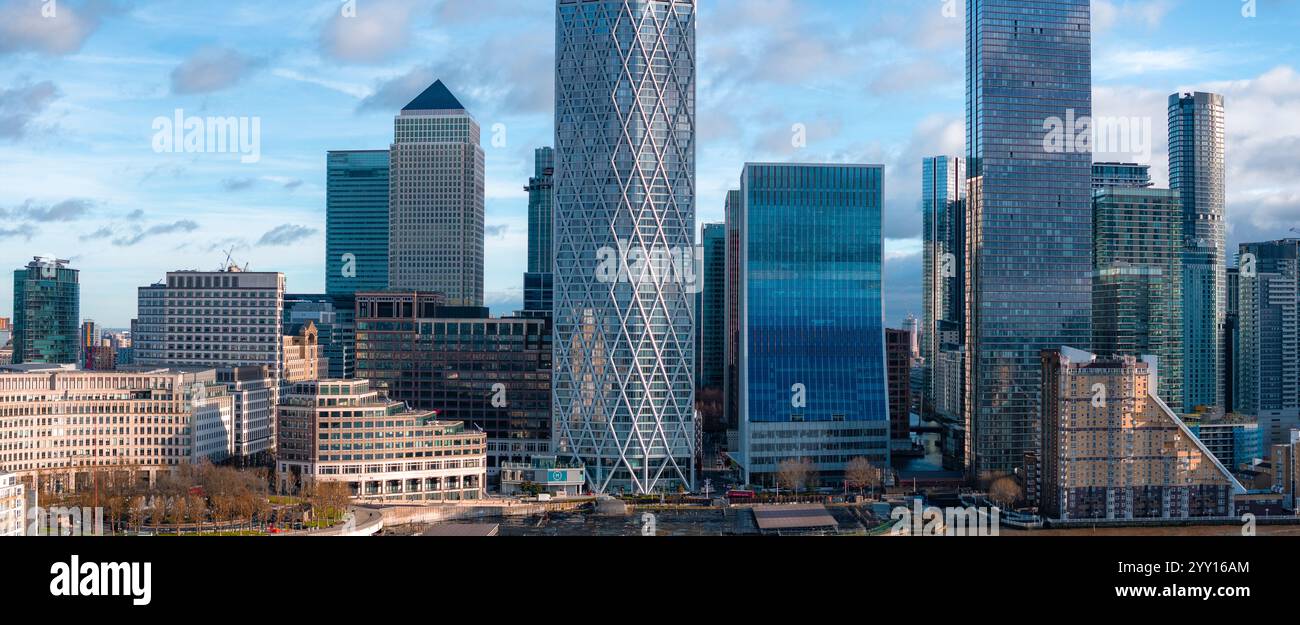 Aerial View of Canary Wharf Skyline with One Canada Square in London Stock Photo
