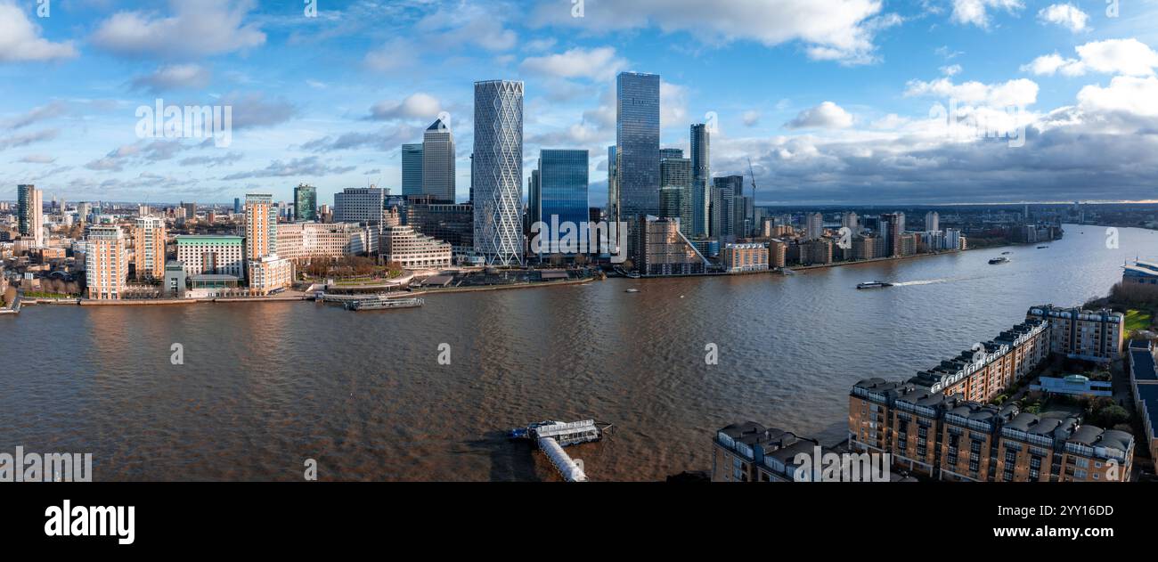 Aerial View of Canary Wharf Skyline and River Thames in London Stock ...