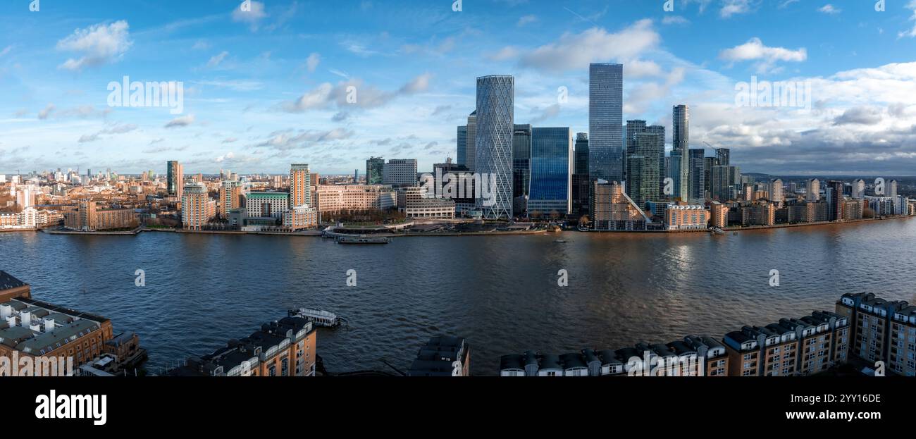 Aerial View of Canary Wharf Skyscrapers and River Thames in London ...