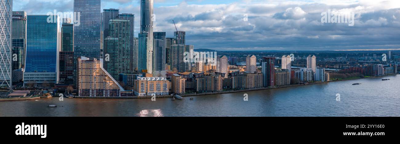 Aerial View of Canary Wharf Skyscrapers and River Thames in London ...