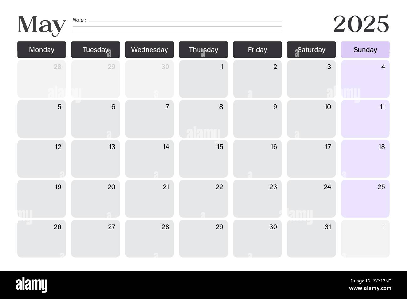 May 2025 calendar desk planner, week starts on Monday, minimal design ...