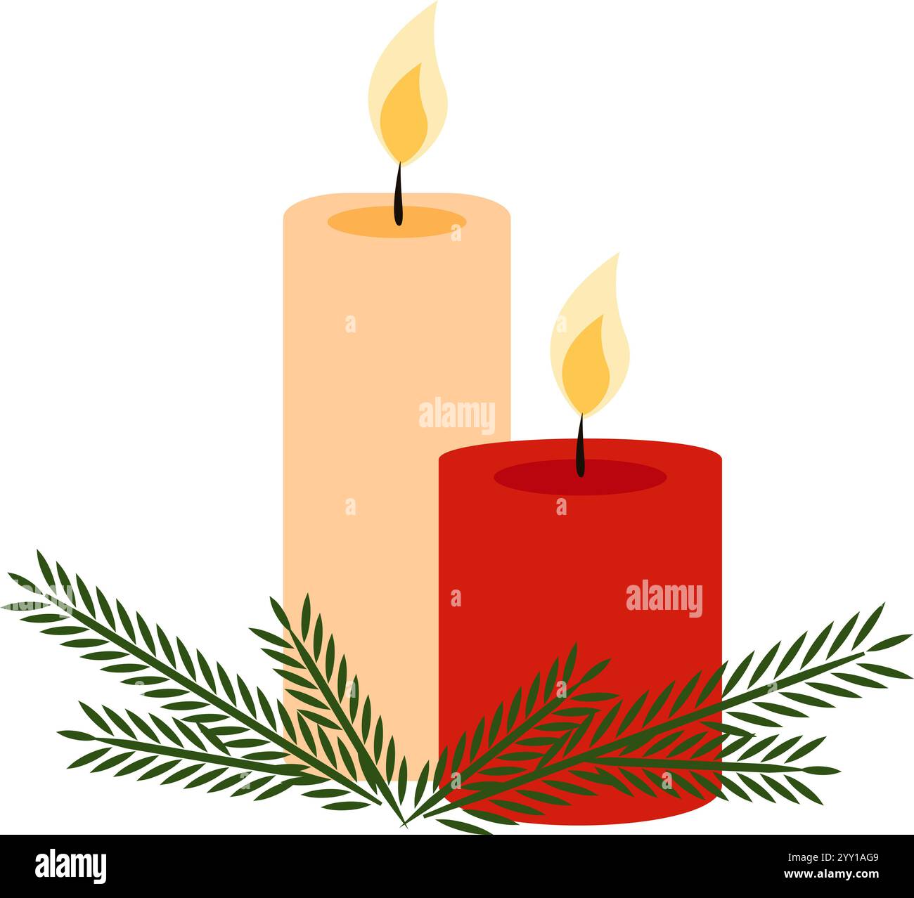 Christmas composition with two burning candles and fir tree branches ...