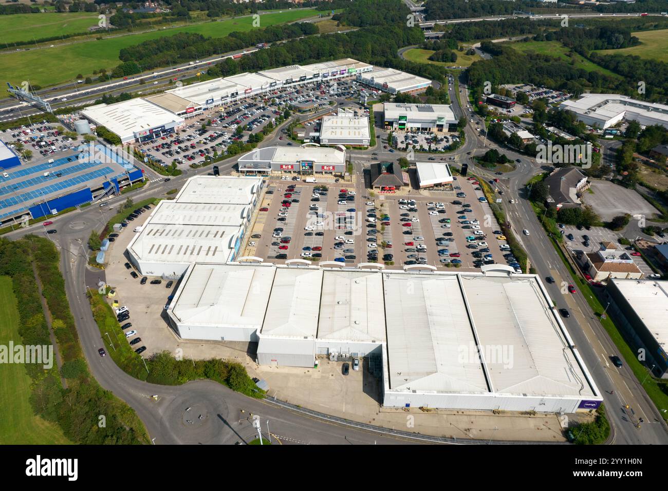 Retail Parks adjacent to M62, Batley, Leeds, West Yorkshire, WF17 Stock Photo