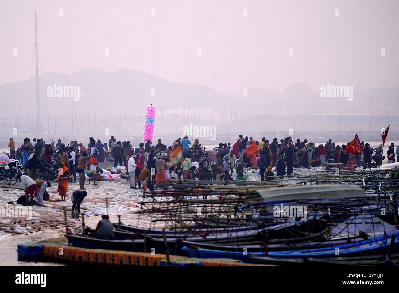 Prayagraj, India. 10th Dec, 2024. Indian People take boat rides at Sangam, the confluence of the rivers Ganges, Yamuna and Saraswati, ahead of the upcoming Maha Kumbh Mela festival in Prayagraj, India on December 10, 2024. Photo by ABACAPRESS.COM Credit: Abaca Press/Alamy Live News Stock Photo