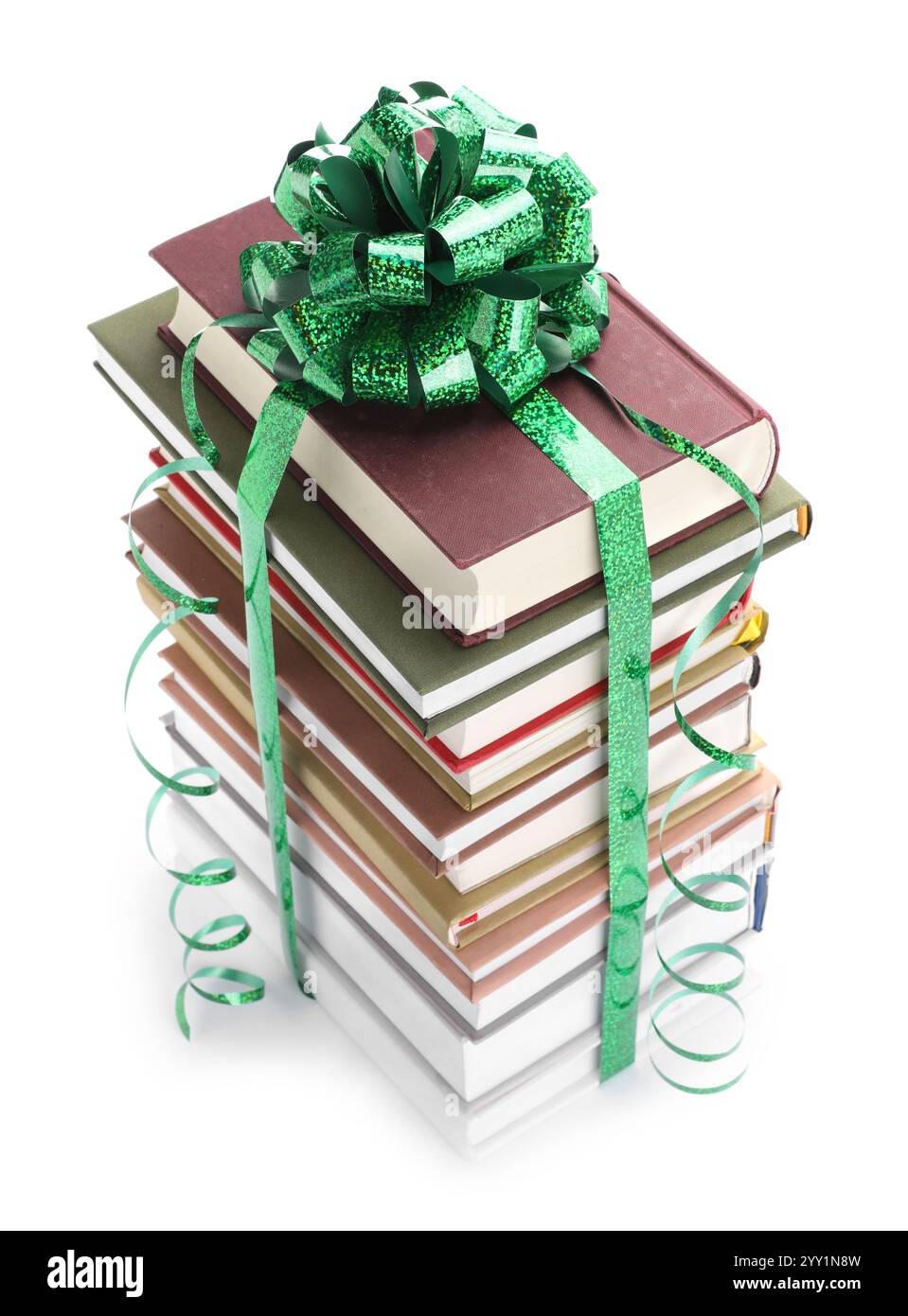 Stack of books with green bow as gift isolated on white Stock Photo - Alamy