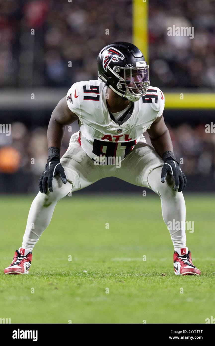 Atlanta Falcons defensive lineman Demone Harris (91) lines up against