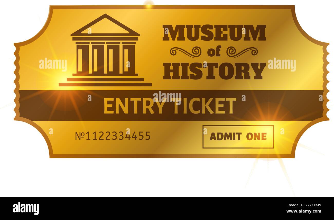 Golden entry ticket for a museum of history, featuring a classical building icon and admitting one person, evoking a sense of historical exploration Stock Vector
