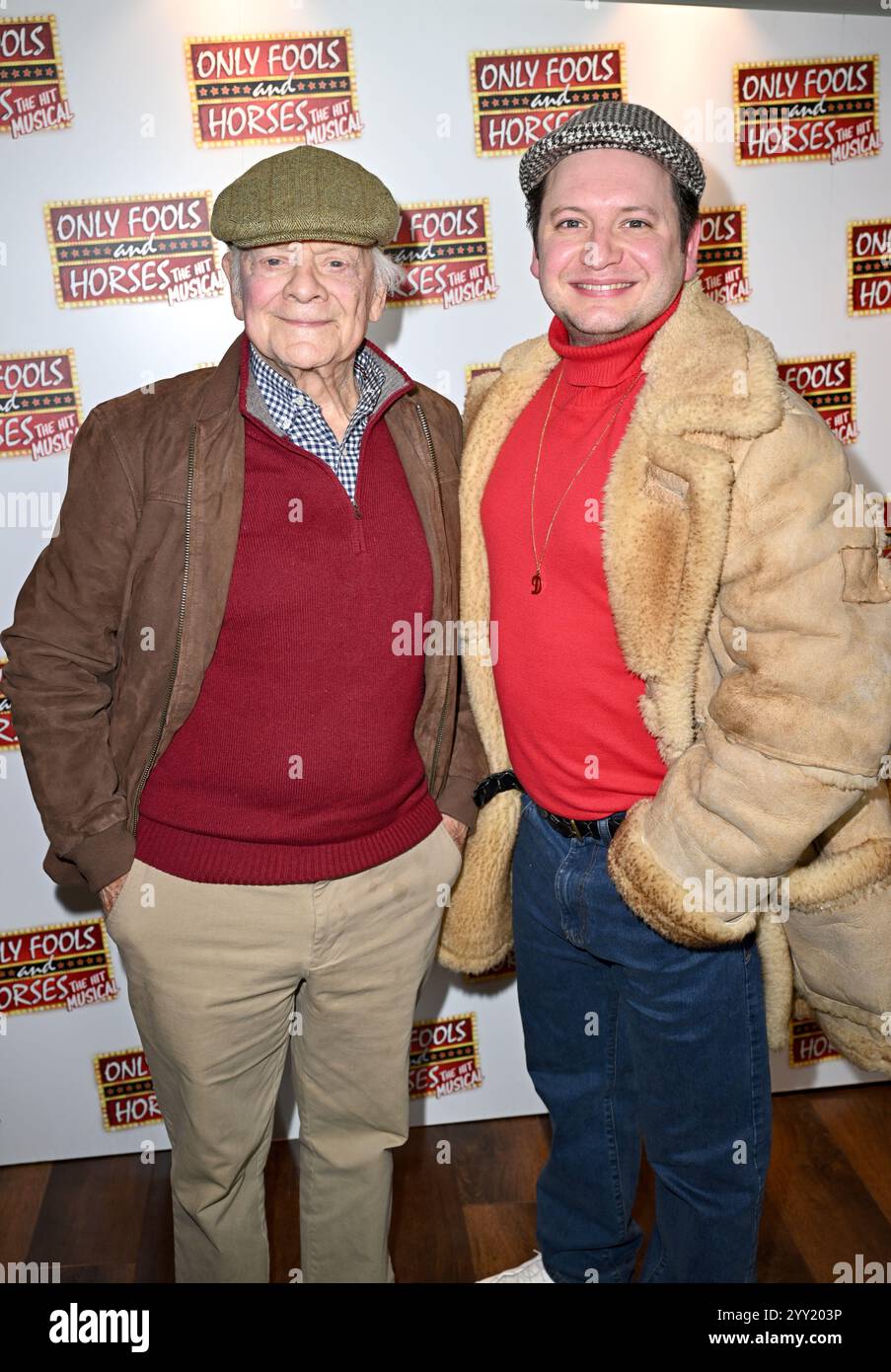 Actor Sir David Jason (left) joins the cast of Only Fools and Horses The Musical ahead of the opening night at the Hammersmith Apollo, in west London, which sees the West End debut of actor Vinnie Jones playing gangster Danny Driscoll. Picture date: Wednesday December 18, 2024. Stock Photo