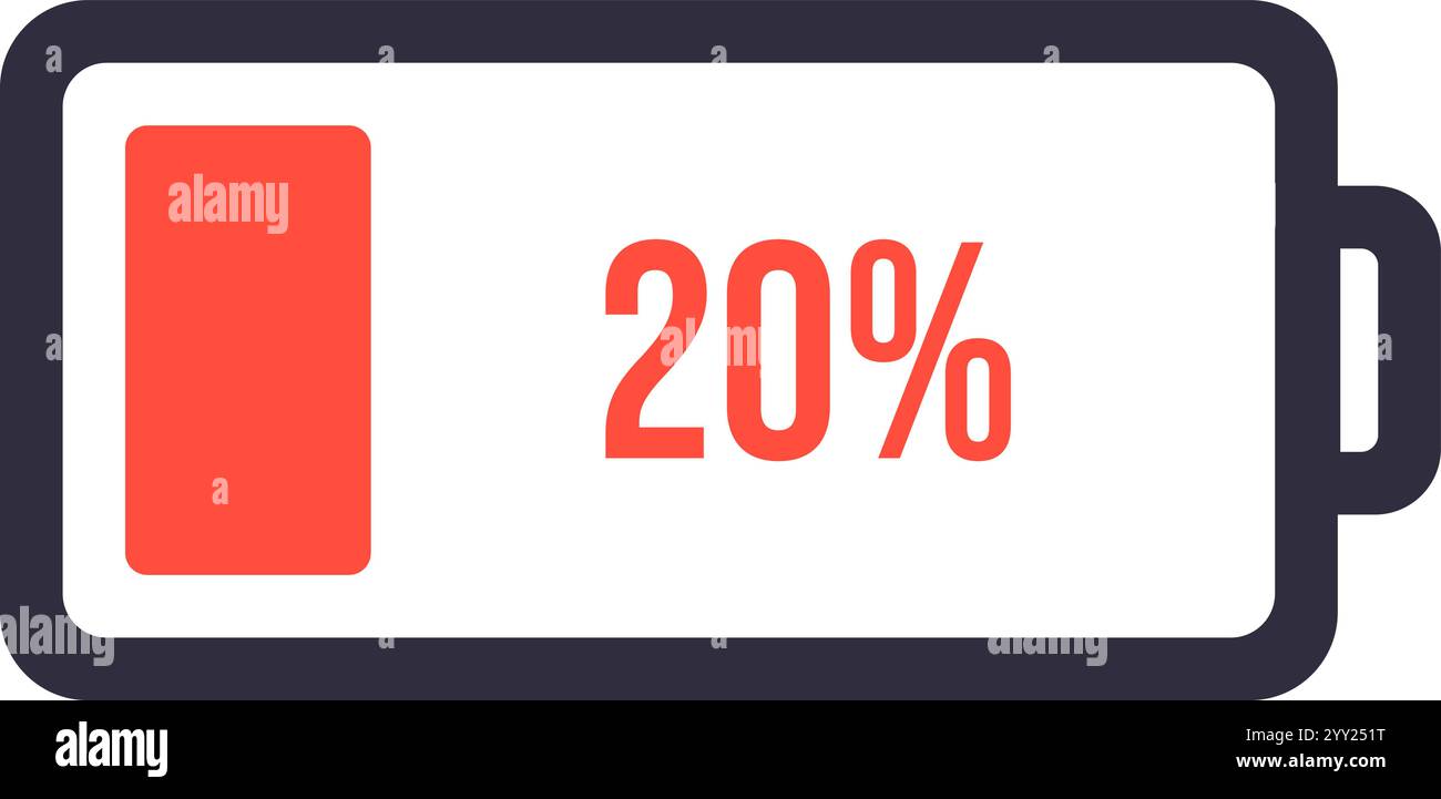 Battery icon displaying a 20 percent charge with a partially filled red bar within a battery symbol against a clean white background, representing Stock Vector