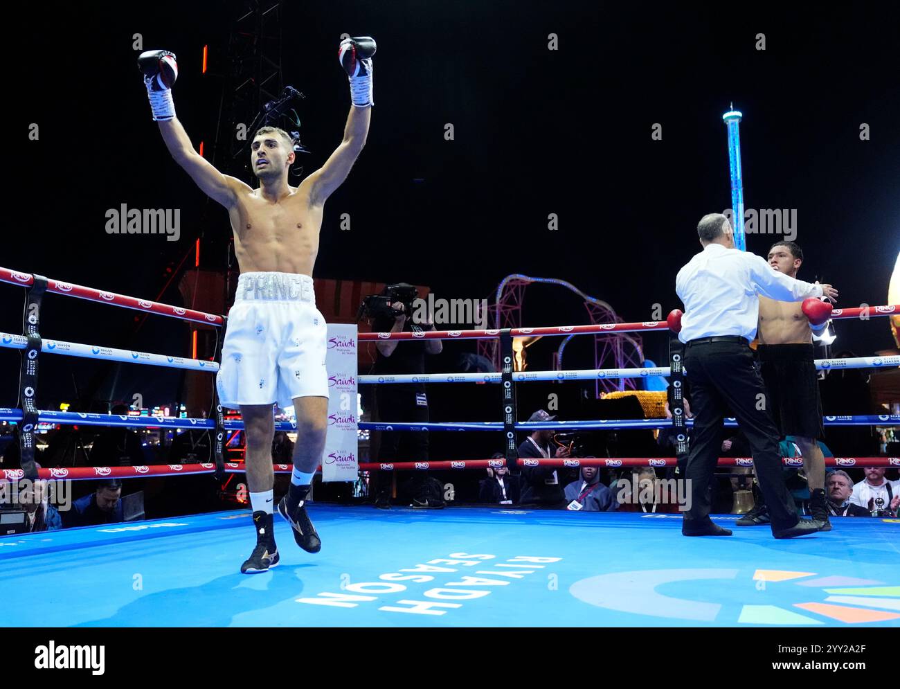 Aadam Hamed celebrates his victory over Jesus Gonzalez at Boulevard World, Riyadh in Saudi Arabia. Picture date: Wednesday December 18, 2024. Stock Photo