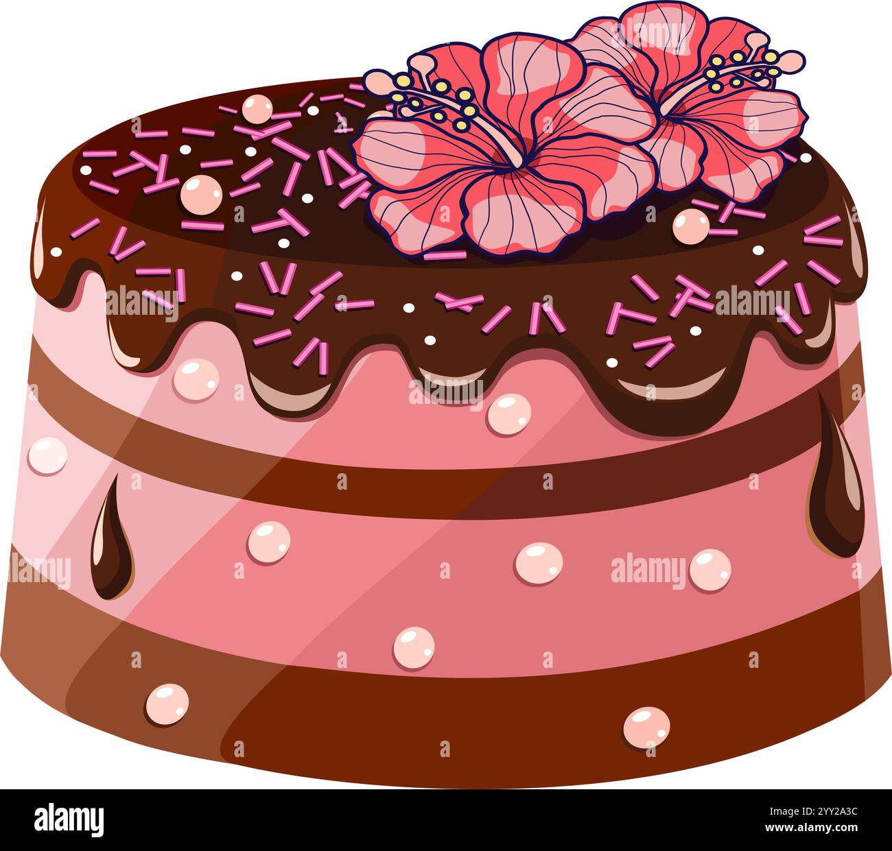 Chocolate cake with hibiscus flowers and decorations vector illustration Stock Vector