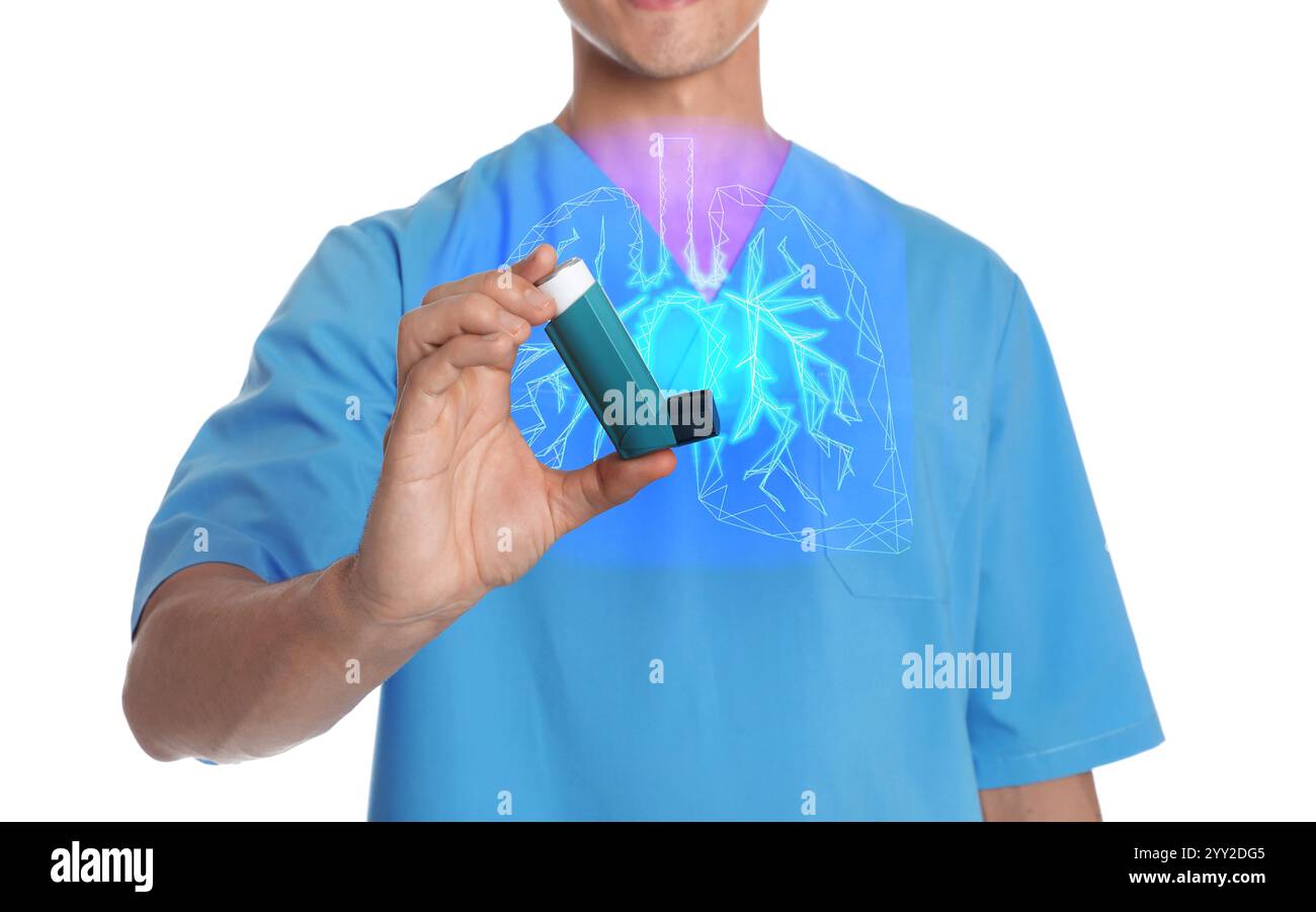 Doctor holding asthma inhaler on white background, closeup ...