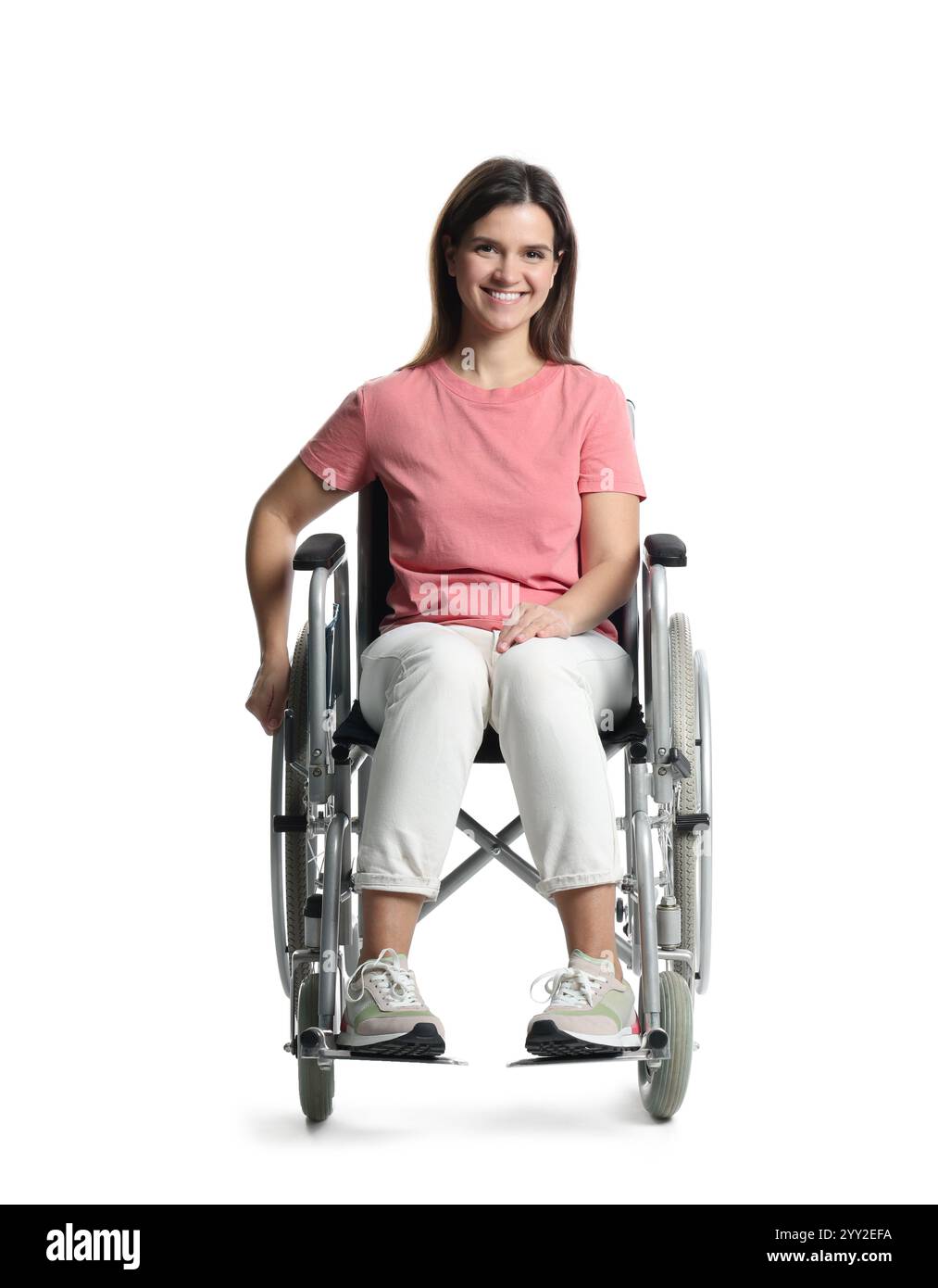 Smiling woman in wheelchair on white background Stock Photo - Alamy