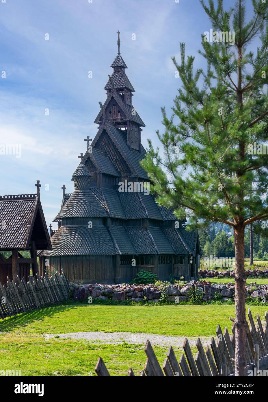 Gol Stave Church, a beautifully preserved medieval wooden church with intricate carvings, surrounded by greenery and framed by a pine tree. Copy space Stock Photo