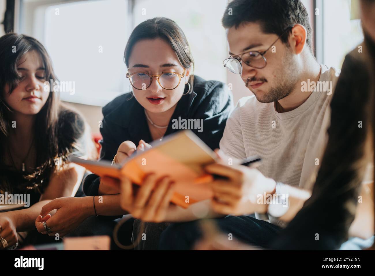 Students collaborating on school assignments in a casual setting Stock Photo