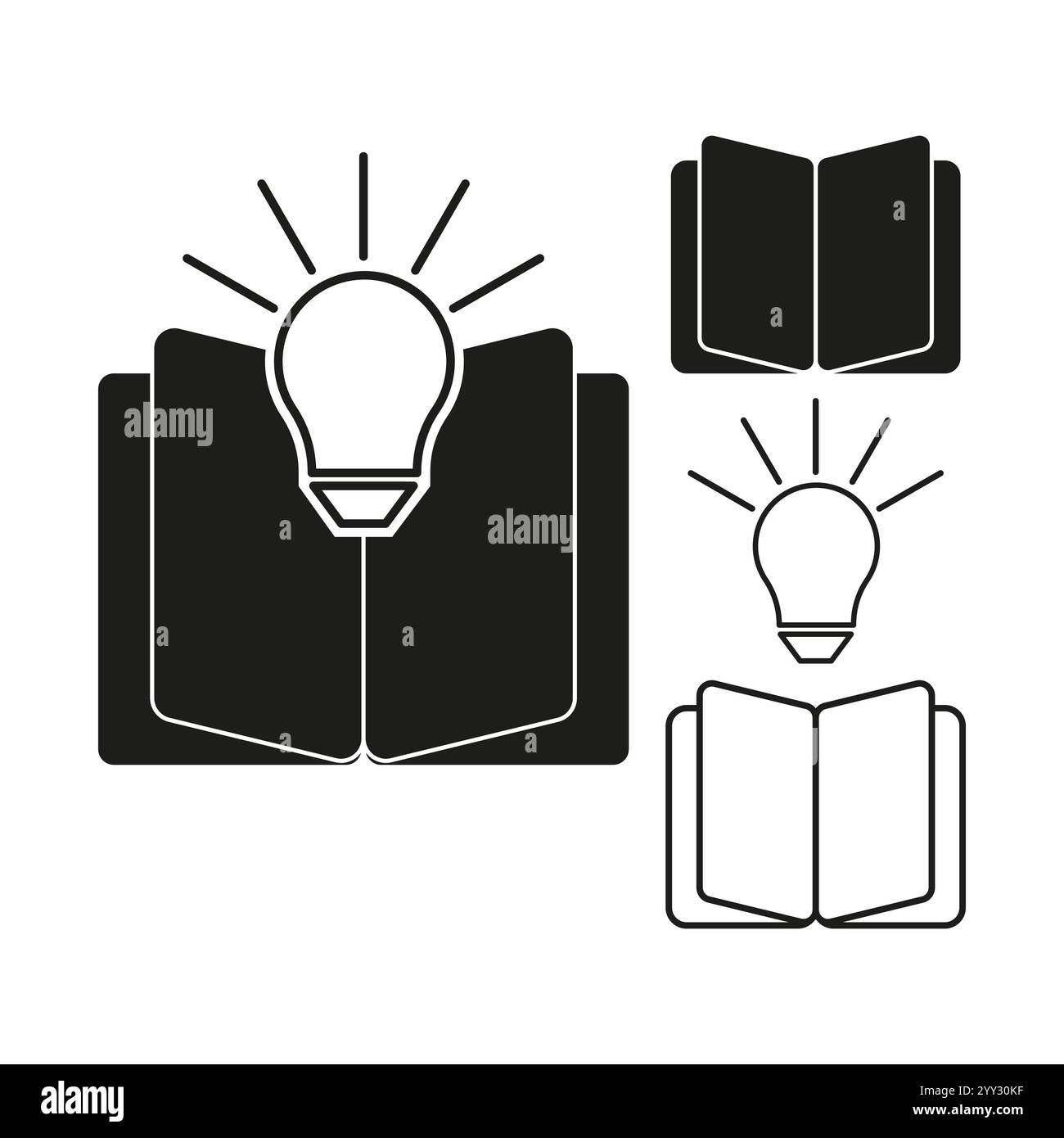 Book with bulb. Creative knowledge icon. Opened book shape. Vector illustration. Stock Vector