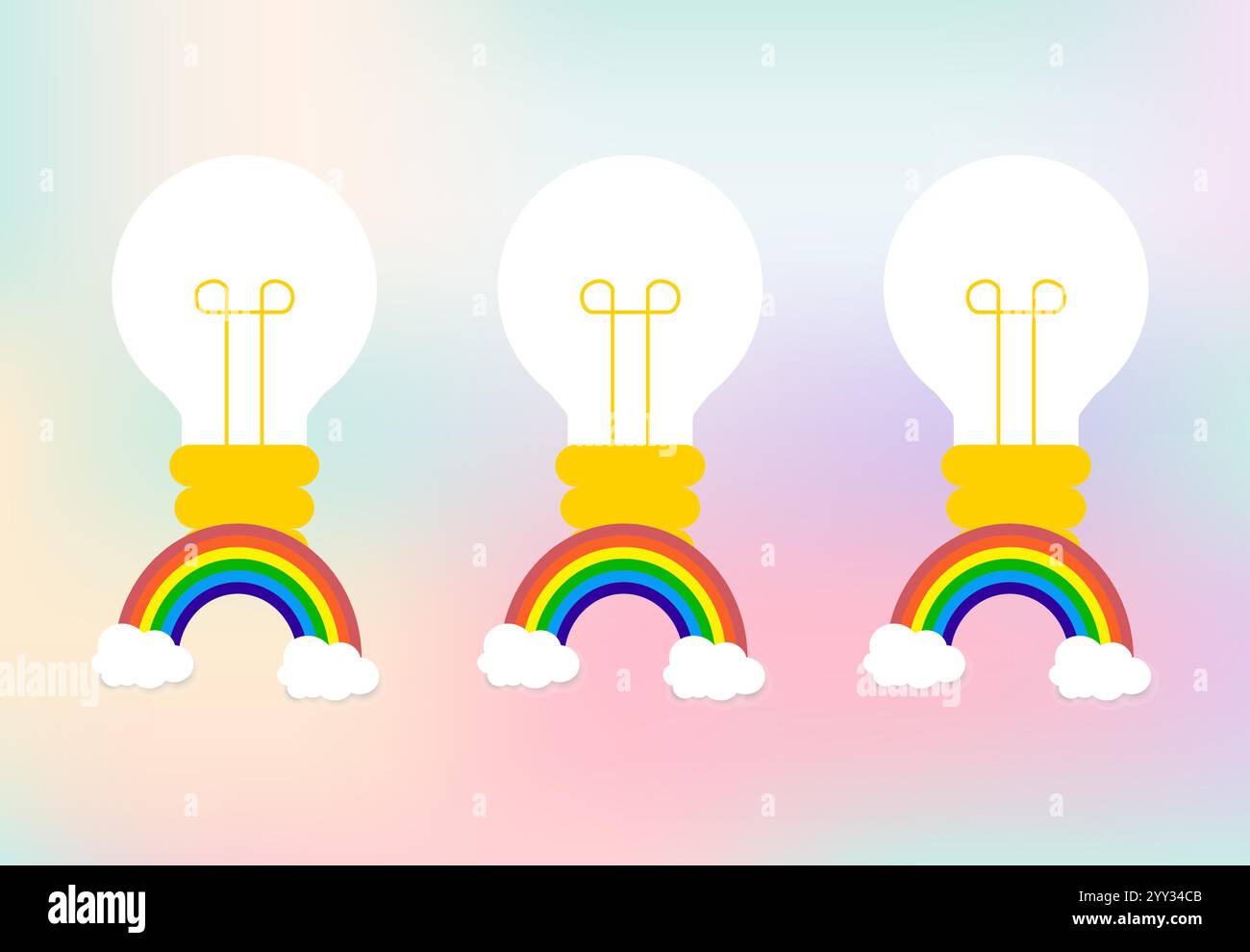 Three lights of idea and colorful rainbow with soft white Clouds, with space for text design Stock Vector