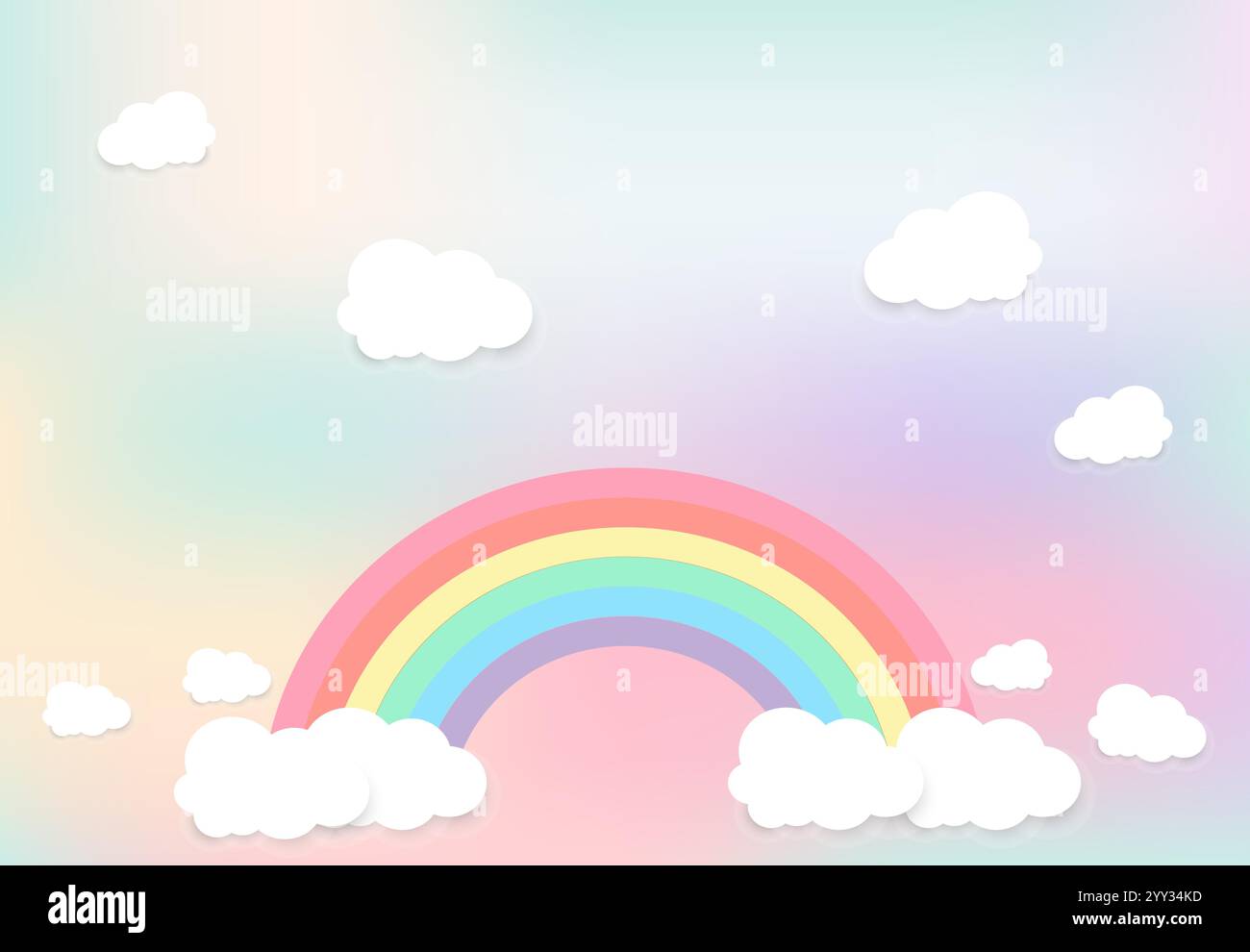 Pastel Rainbows With smooth white Clouds on gradient pastel Vector Illustration Stock Vector