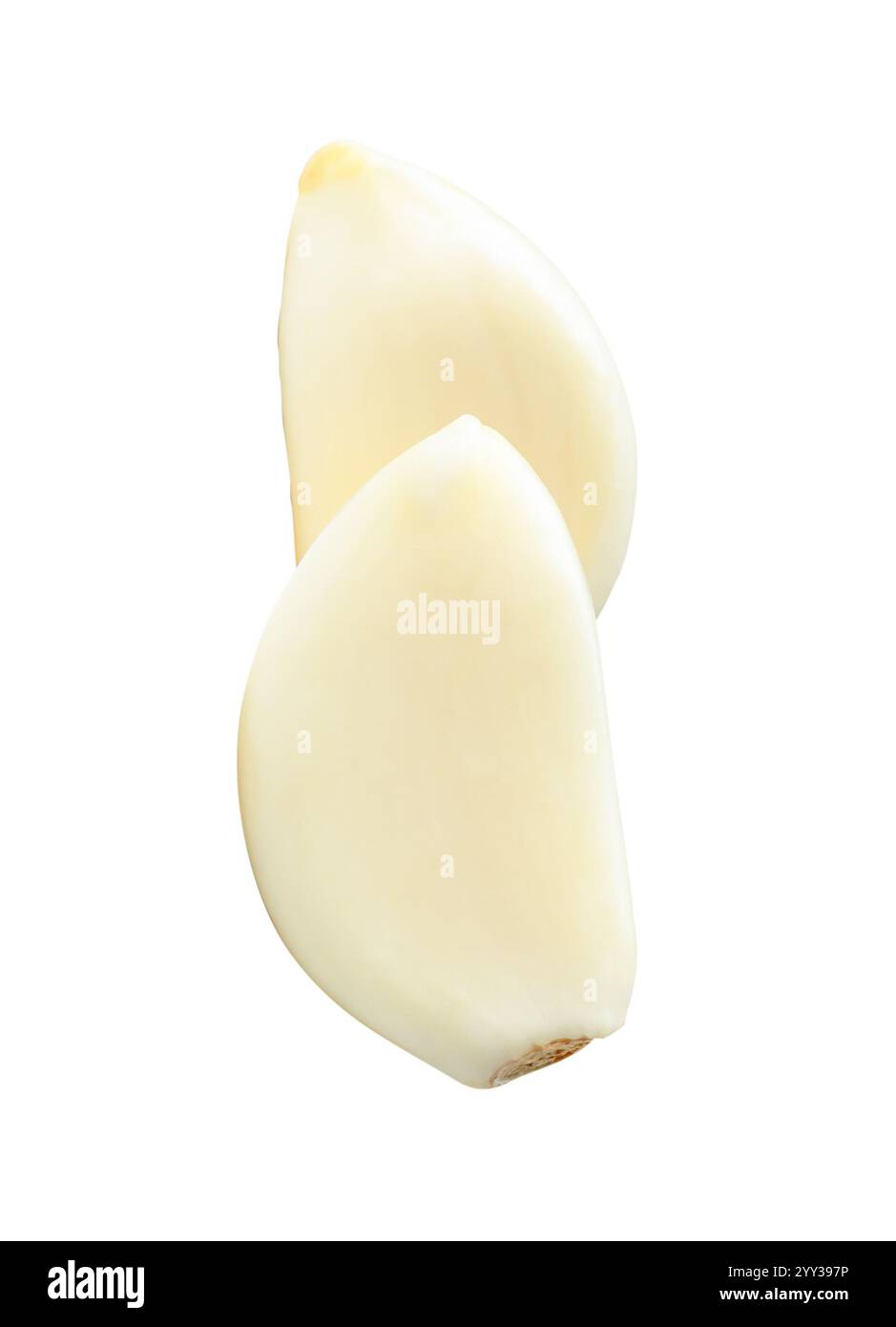 Top view of peeled garlic cloves in stack is isolated on white ...