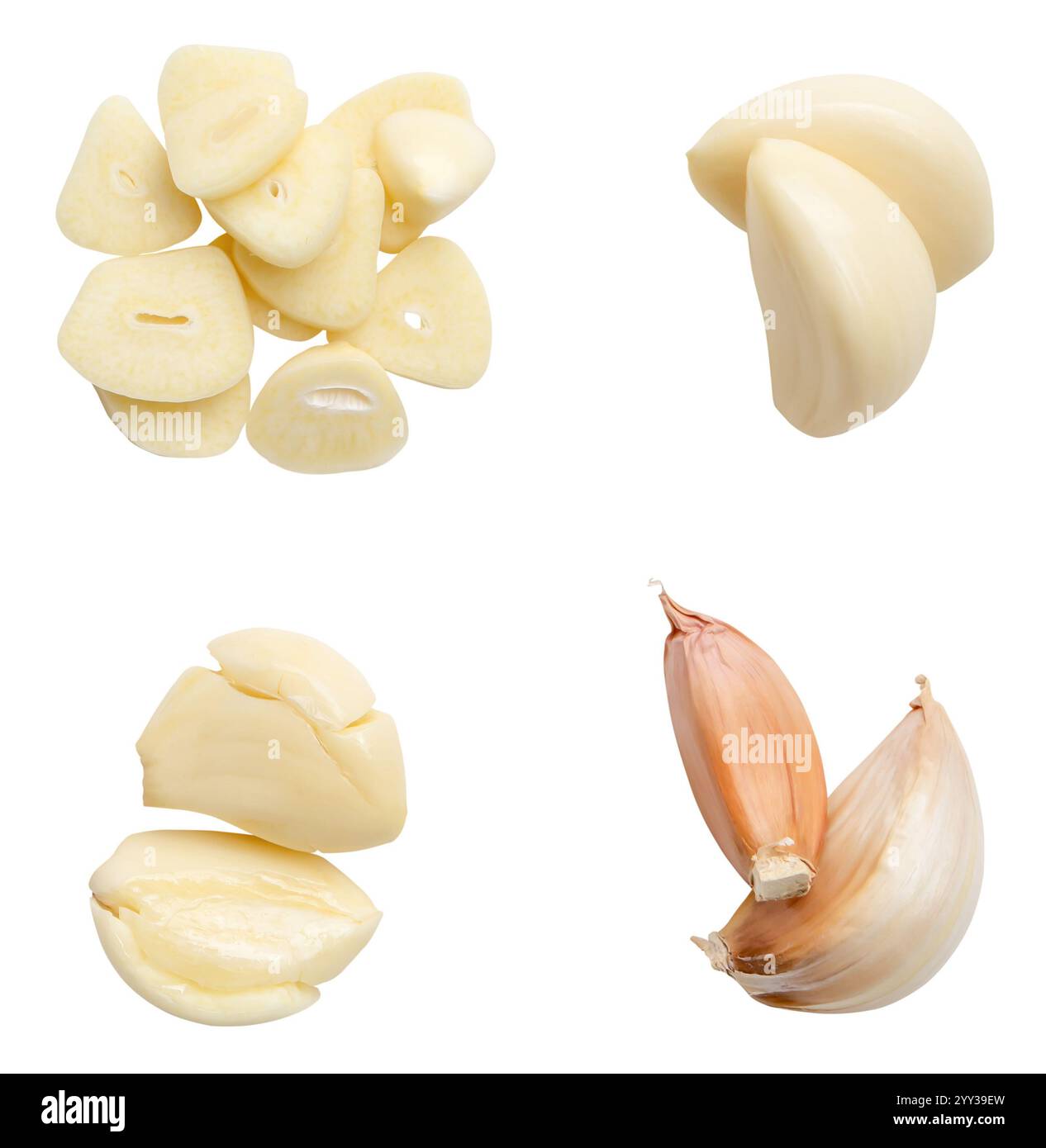 Top view set of peeled garlic cloves and slices is isolated on white ...