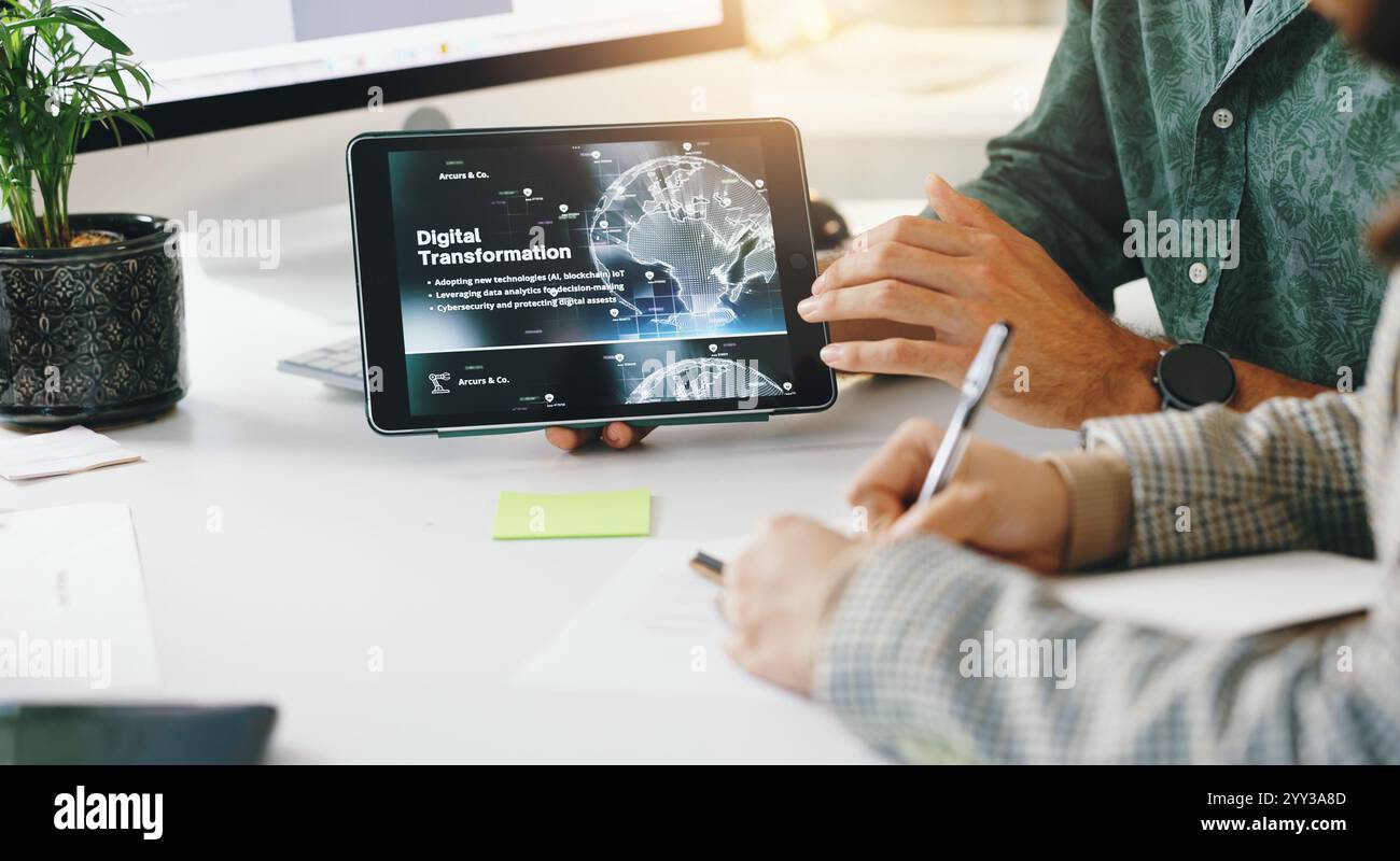 Digital transformation, tablet screen and meeting with hands of business people for ai automation, connection and future. Planning, iot networking and Stock Photo