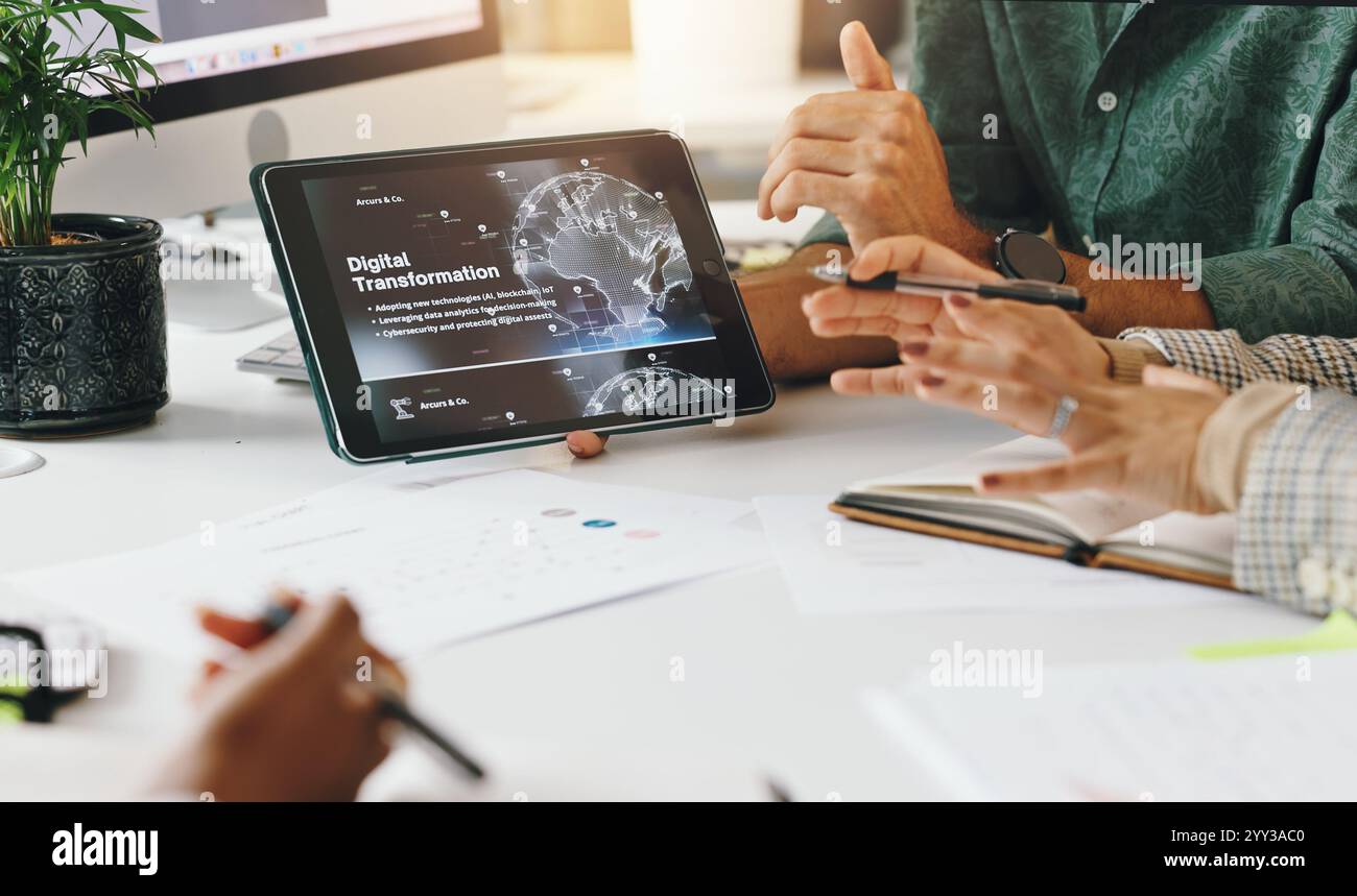 Digital transformation, tablet screen and planning with hands of business people for ai automation, connection and future. Meeting, iot networking and Stock Photo