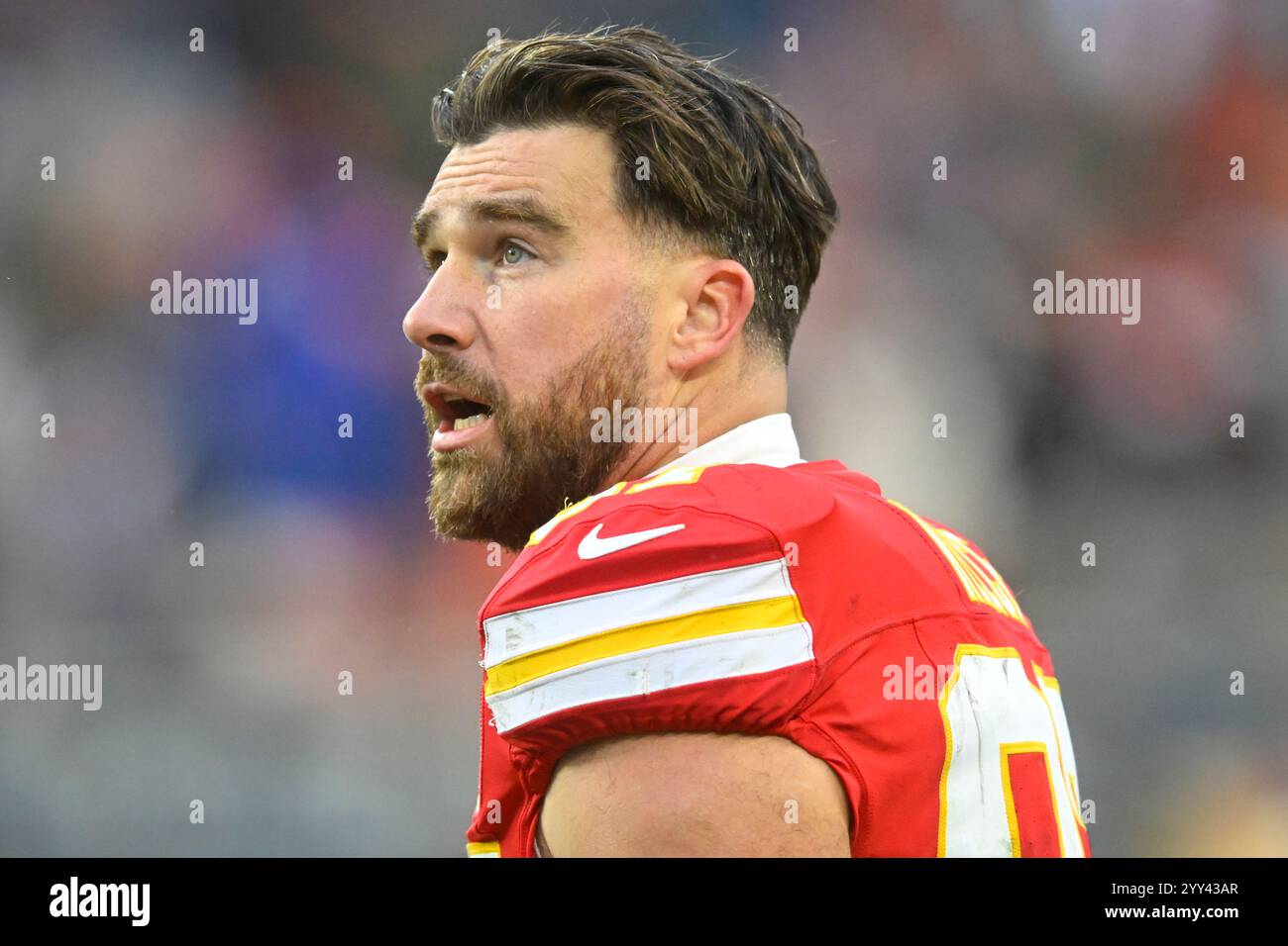 Kansas City Chiefs tight end Travis Kelce (87) stands on the field