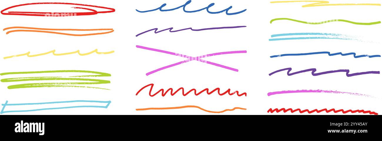 Underline stroke marker felt pen scribbles doodle line collection. Stock Vector