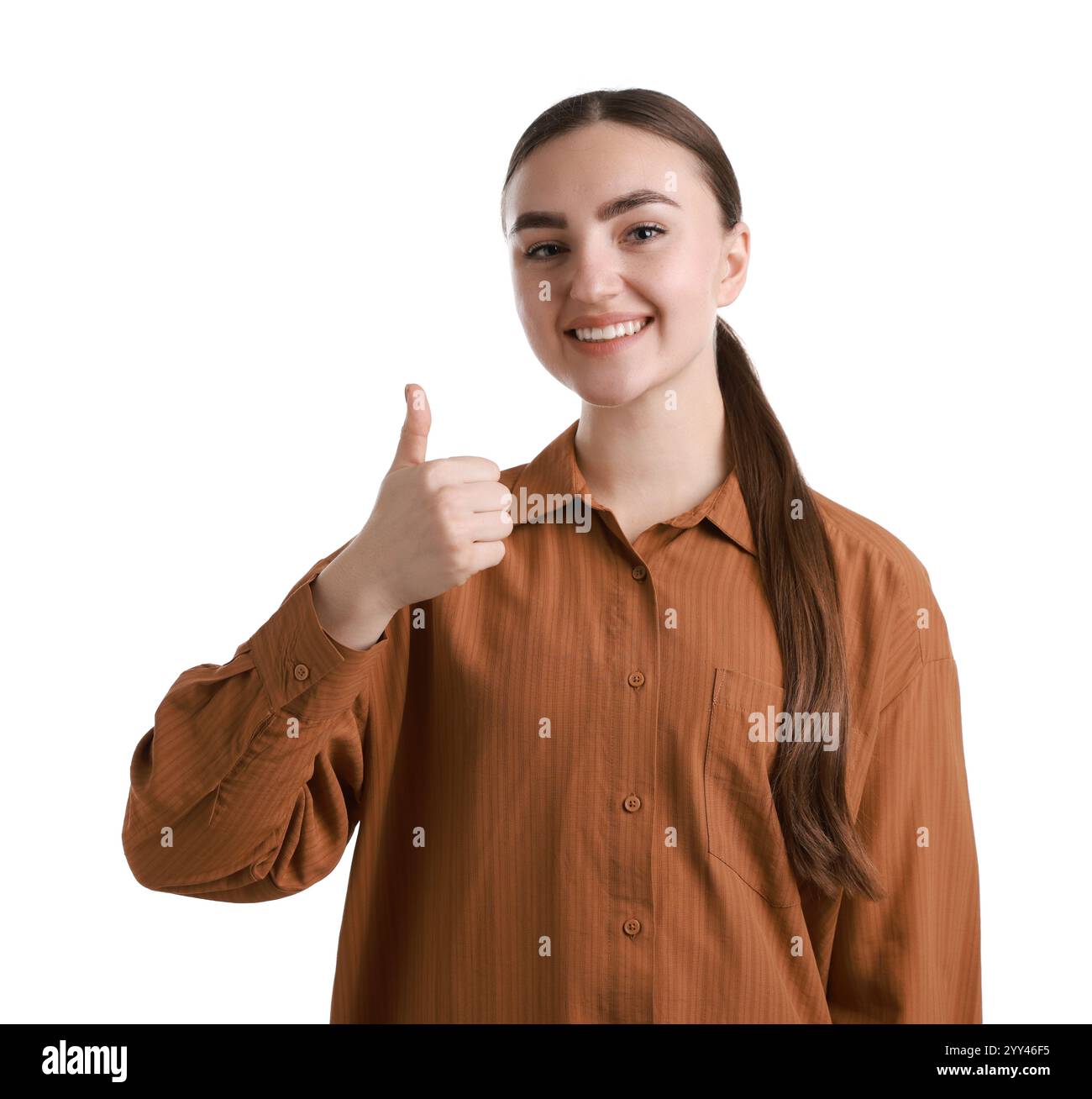 Happy woman showing thumbs up on white background. Like gesture Stock ...