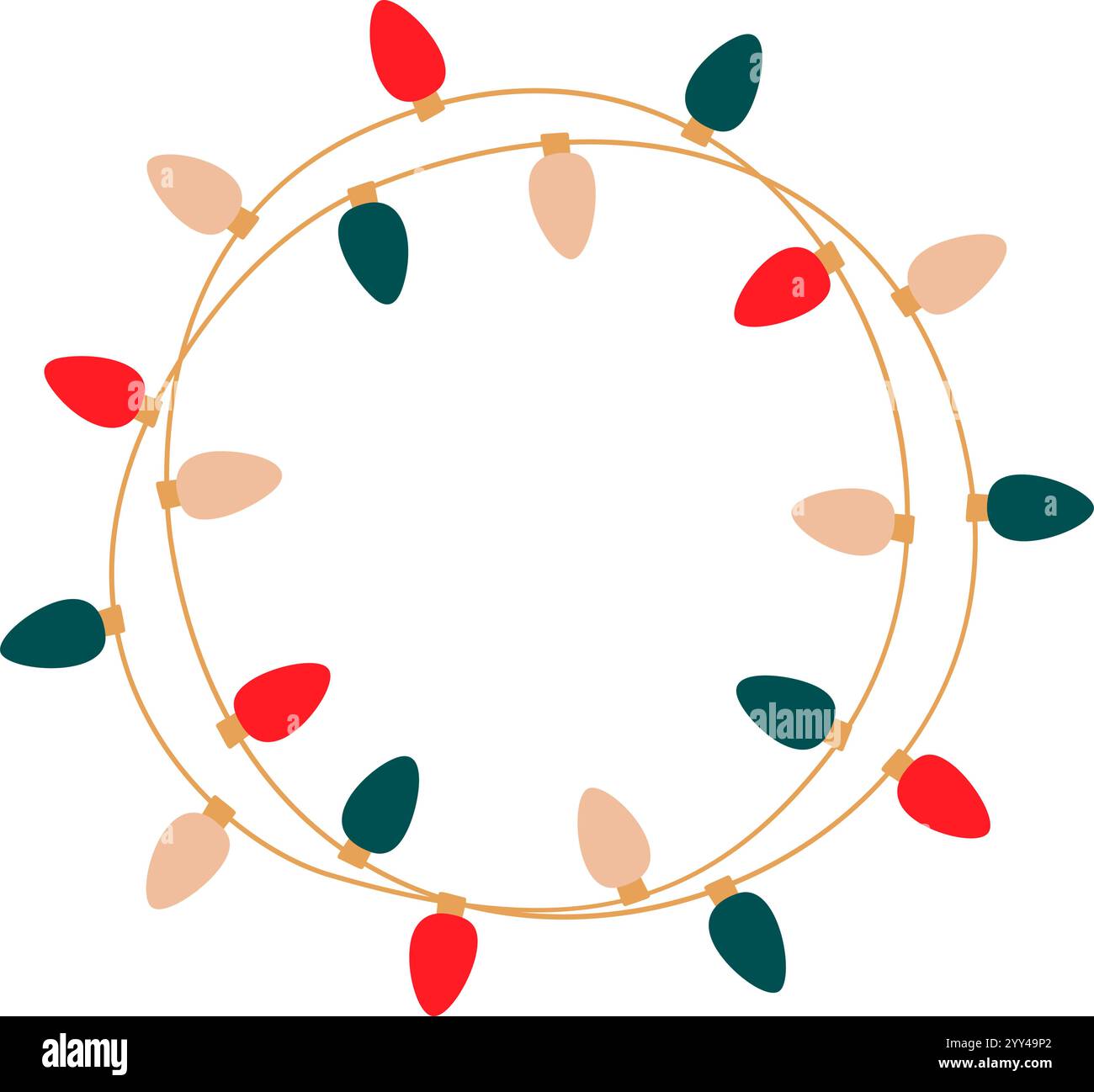 Christmas lights garland round tangled with colored bulbs. Glowing Xmas festive string decoration with hanging retro lamps lightbulb for holiday cards Stock Vector