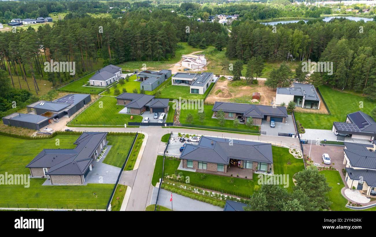 Aerial view of a modern residential neighborhood with detached houses ...