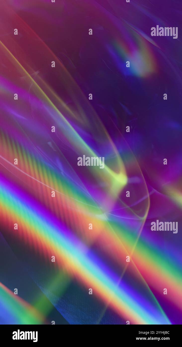 Vibrant 3D neon light refractions with dynamic swirls and waves, ideal for modern abstract backgrounds. Stock Photo
