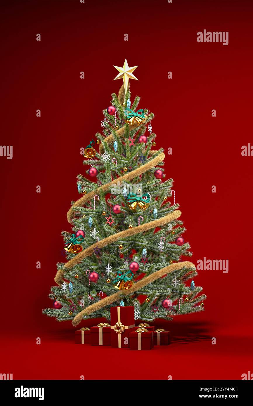 Christmas red background with ornaments and gifts for banner design 3d ...