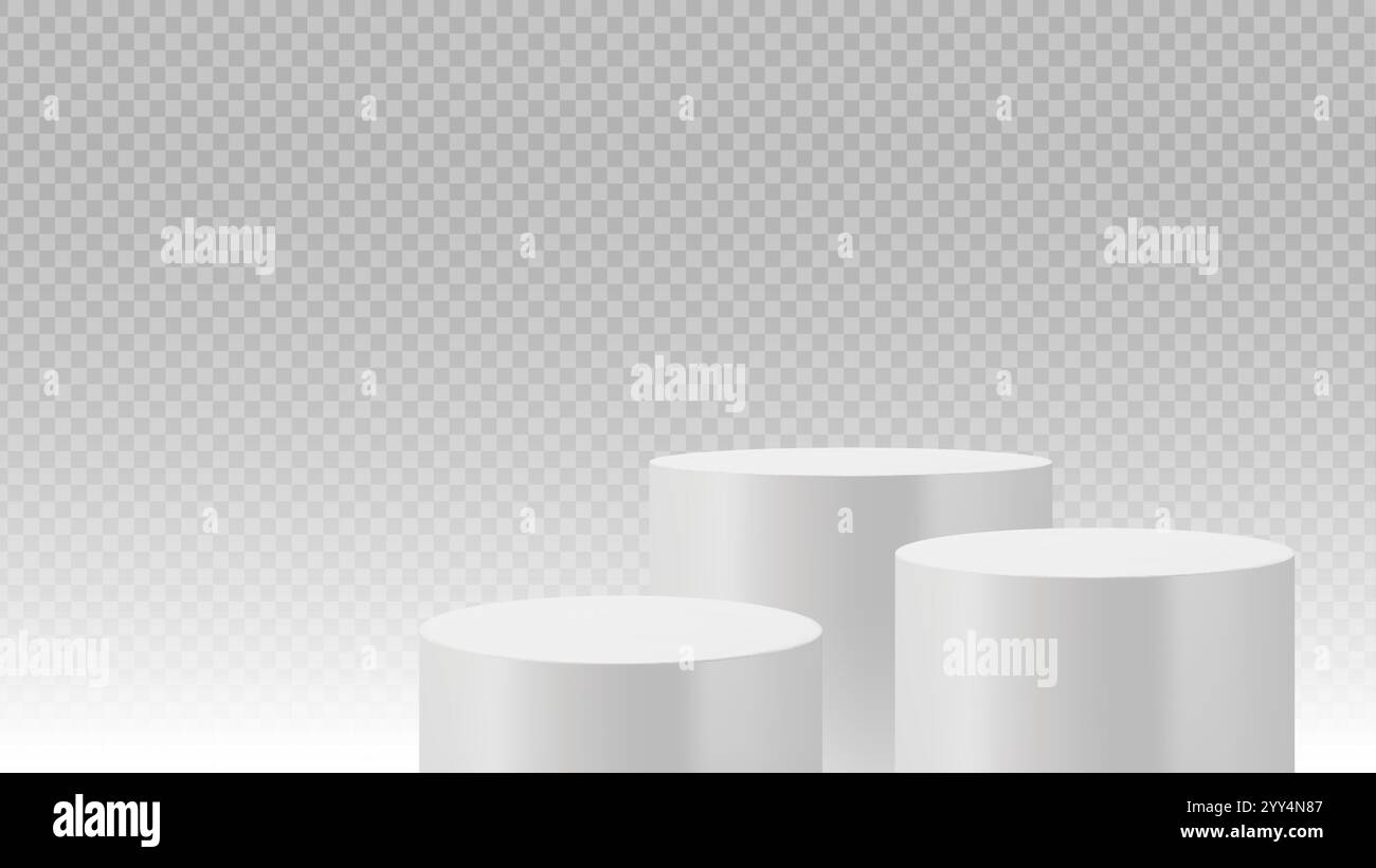 Three white cylindrical podium pedestals on a transparent background ...