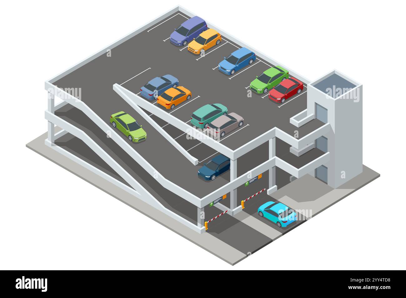 Isometric multi-level parking garage filled with various colored cars