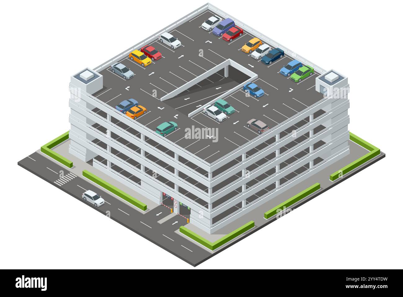 Isometric multi-level parking garage filled with various colored cars