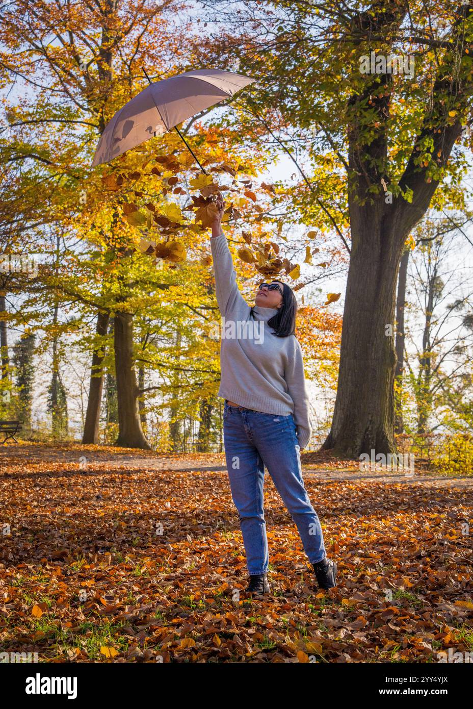 Woman stands in an autumn park and throws golden leaves from an ...