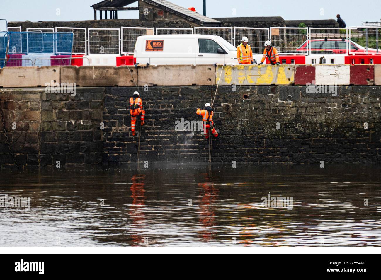 construct of the new flood defence of Aberaeron Harbour wales uk Stock ...