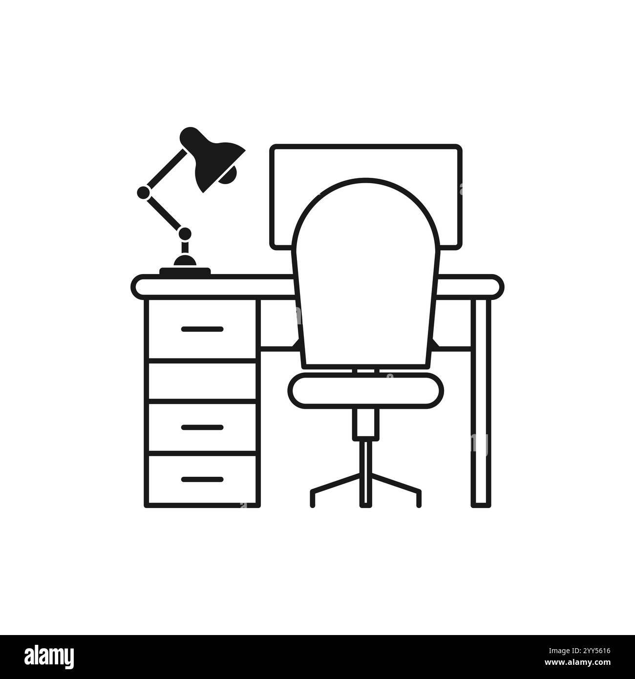 Workplace. linear icon. computer table, lamp, pc, table lamp, desk table desktop workplace icon Stock Vector