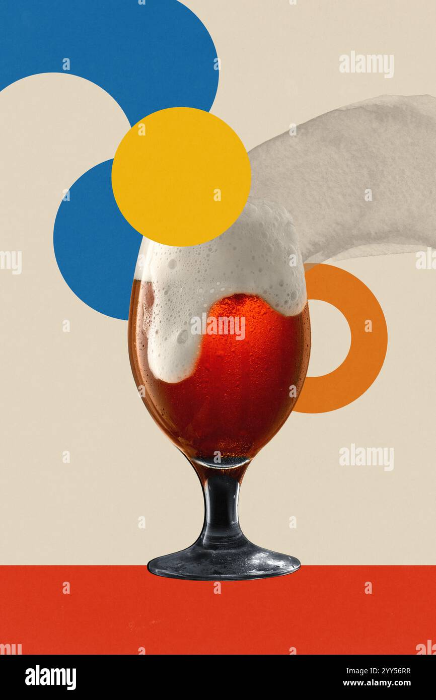 Poster. Contemporary art collage. Deep red beer in a glass, paired with ...