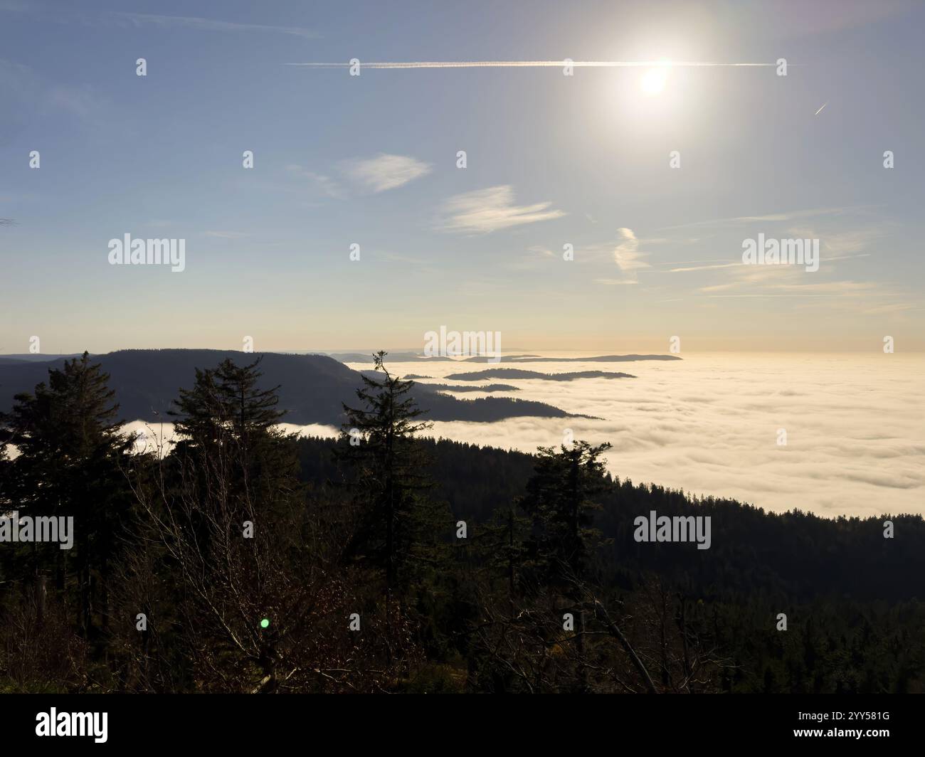 Image showcasing Elevated view of Mummelsee lake surrounded by thick fog, rolling hills ...