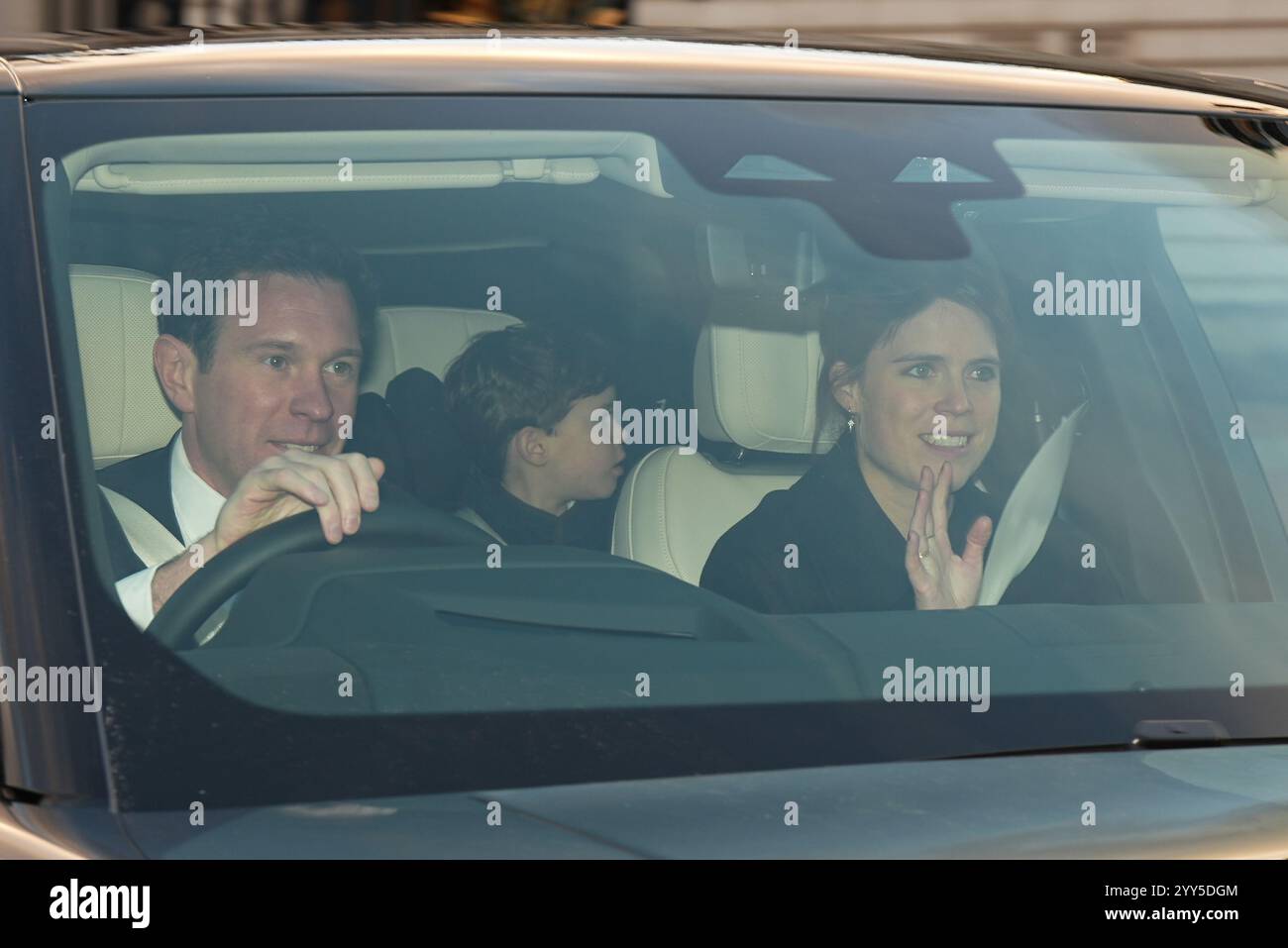 Jack Brooksbank and Princess Eugenie leave after attending King Charles